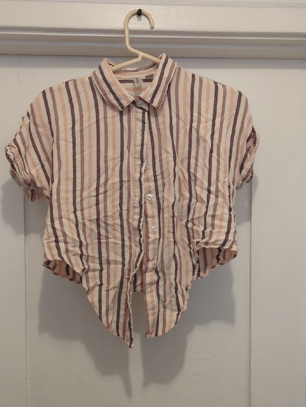 Tommy Bahama Pink and Brown Striped Cropped Button-Up Top